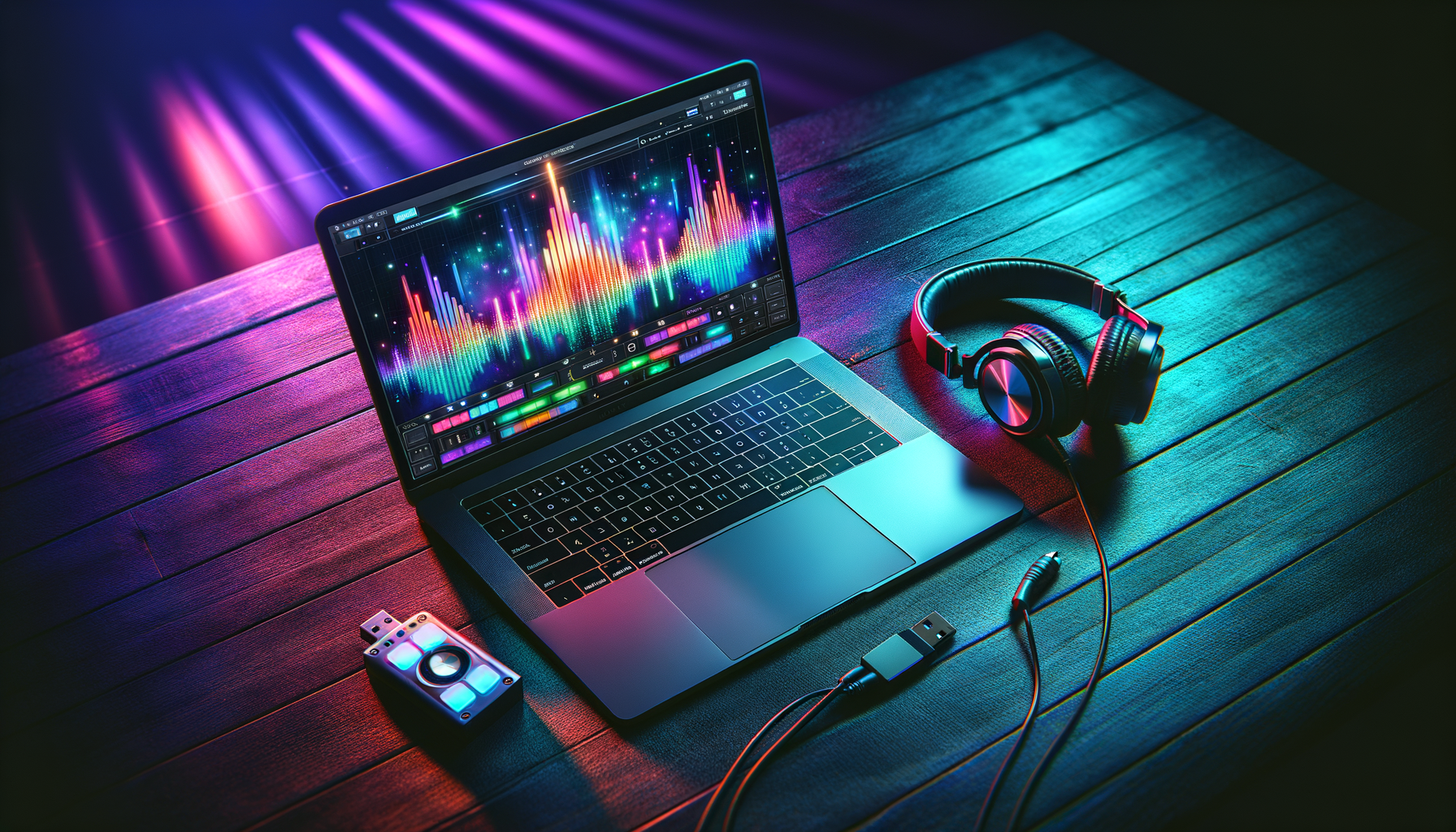 DJ workspace with laptop and USB drive